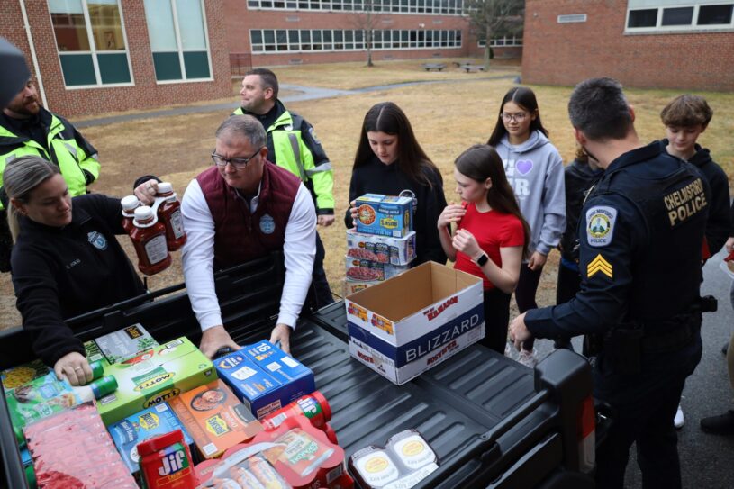 Chelmsford Police Department personnel donated over 550 items to McCarthy Middle School's Project 300 drive on Thursday, January 15, 2026