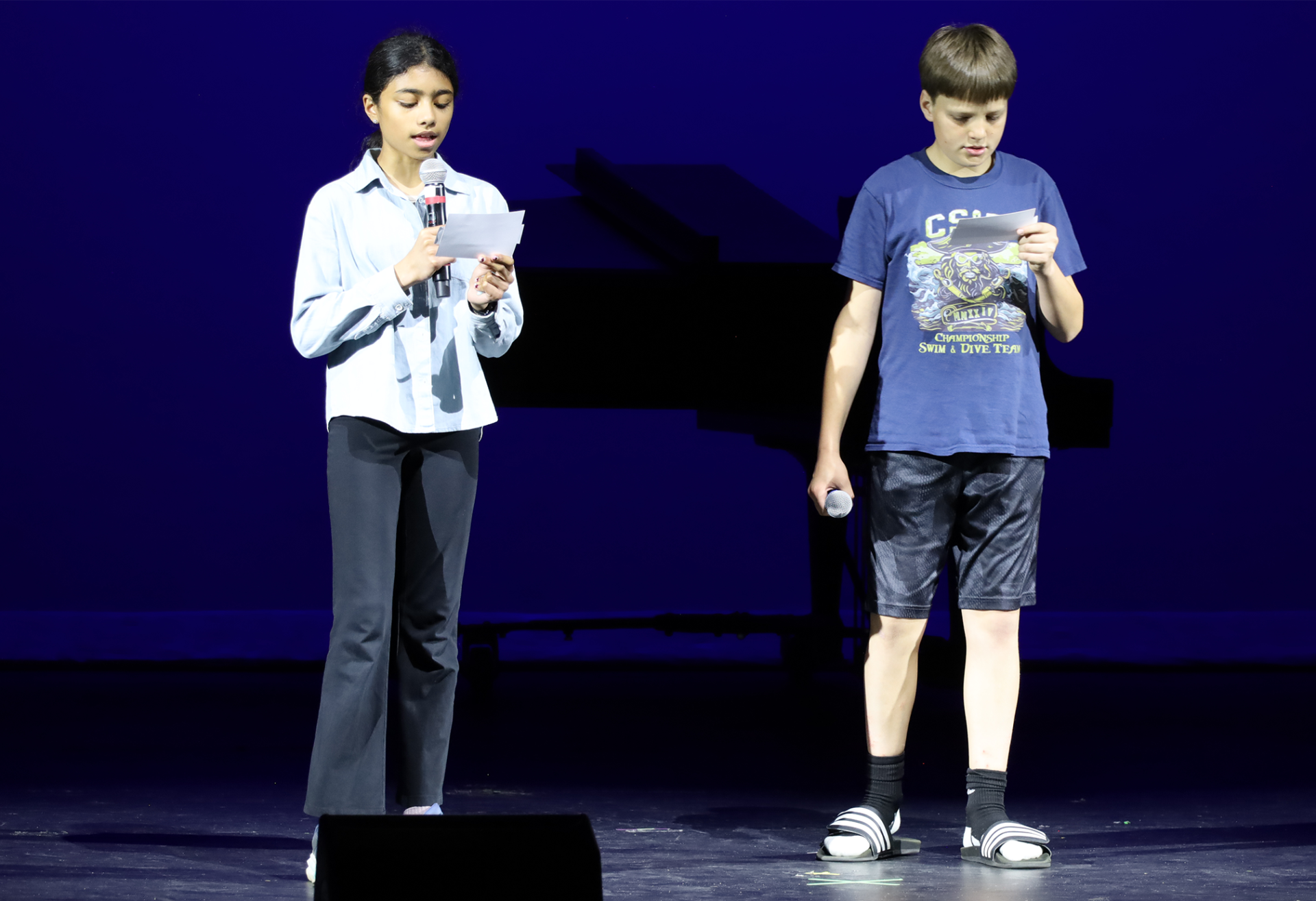 Parker Middle School emcees practice their lines during rehearsals for the Showboat on Thursday, May 14, 2026.