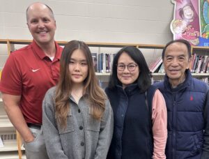 The 2026 winner of the Parker Middle School PTO scholarship is Ruqi "Rachel" Song, who is pictured with Parker principal Josh Blagg and her parents.